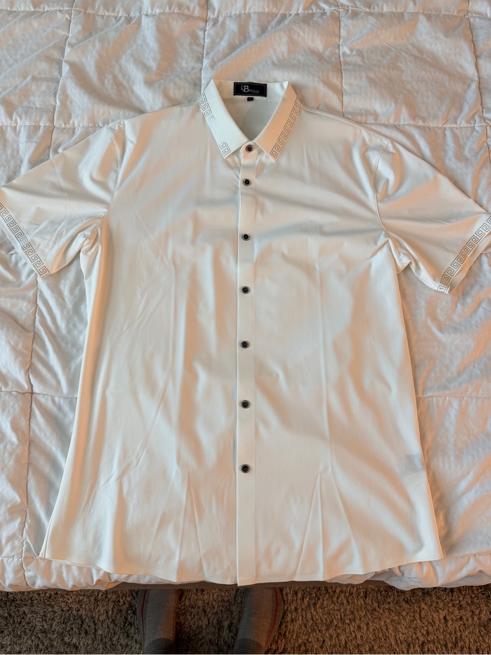 Men's White Short-Sleeve Button-Down Shirt with Contrast Buttons